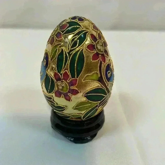 Golden Treasures Cloisonne Egg Hand Crafted Copper Floral Birds Stand Box - Picture 3 of 9